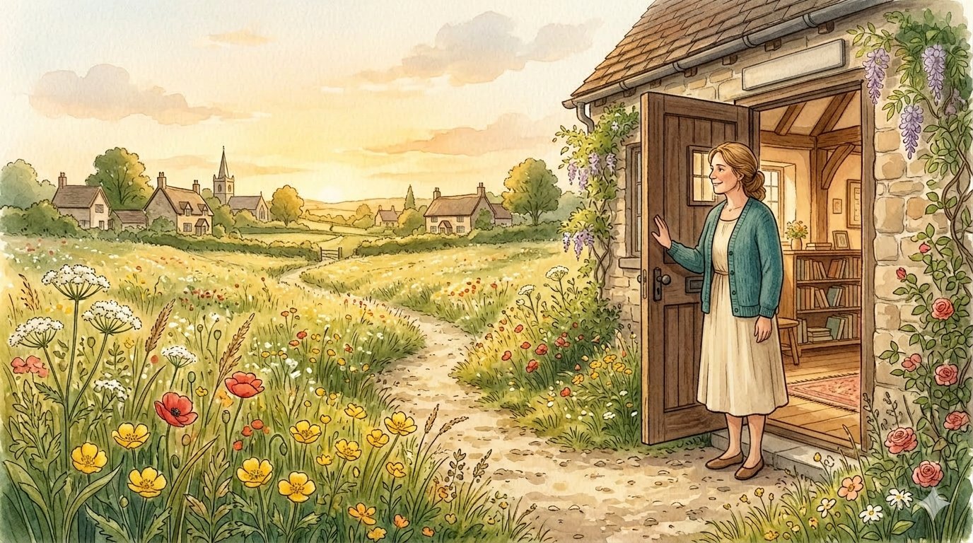 Watercolour illustration of a woman standing at the open door of a small English village school, looking out at a wildflower meadow in golden evening light